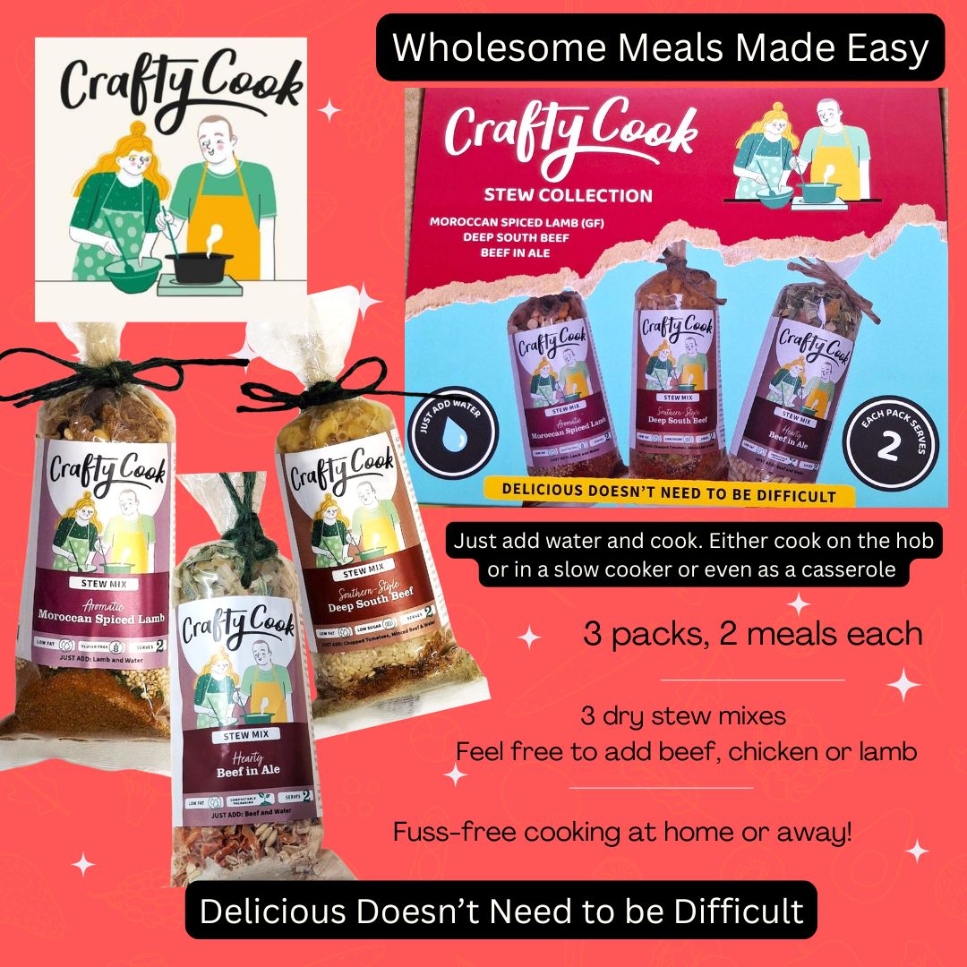 Stew Collection 3 packs, 6 meals, one box, just add water. Crafty Cook easy fuss free meals
