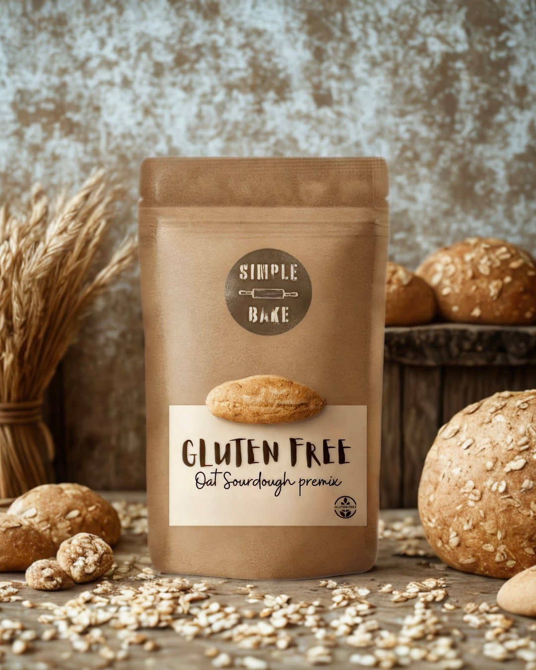 Simple Bake gluten-free oat bread premix in a bag, showing the dry mix ingredients for easy baking at home.