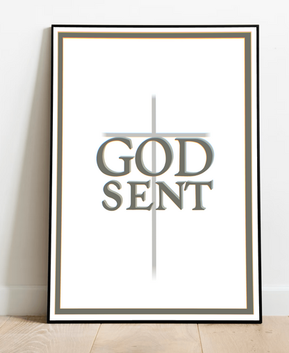 Faith-inspired print by KEOLIX featuring religious artwork with the word "Godsent" on a calming background.