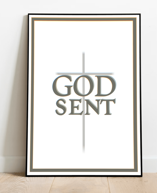 Faith-inspired print by KEOLIX featuring religious artwork with the word "Godsent" on a calming background.