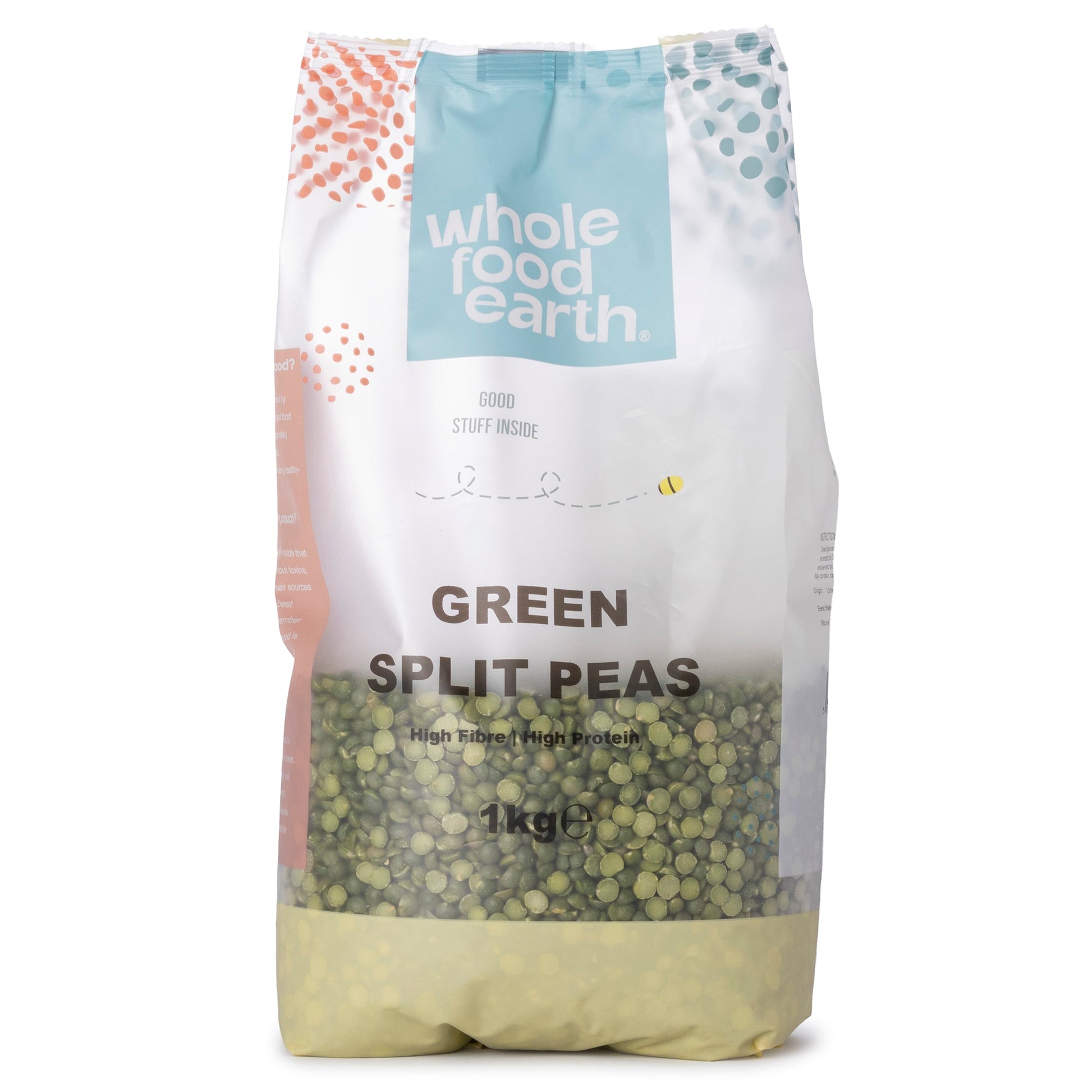 Whole Food Earth green split peas, 1kg bag, fresh beans and pulses for cooking or soup ingredients.