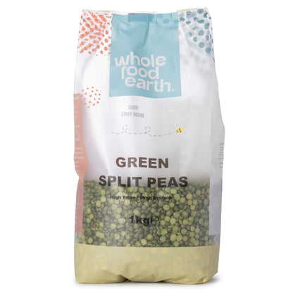 Whole Food Earth green split peas, 1kg bag, fresh beans and pulses for cooking or soup ingredients.