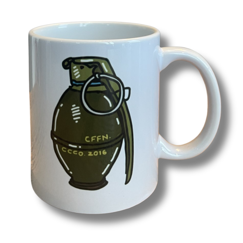 Grenade-shaped coffee mug by Contact Coffee Company Ltd., featuring a detailed military grenade gear design.