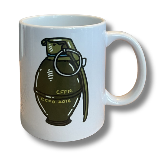 Grenade-shaped coffee mug by Contact Coffee Company Ltd., featuring a detailed military grenade gear design.
