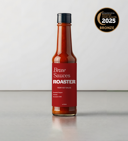 Braw Sauces Roaster Sauce hot sauce in a glass bottle, featuring vibrant label design and spicy flavor profile.