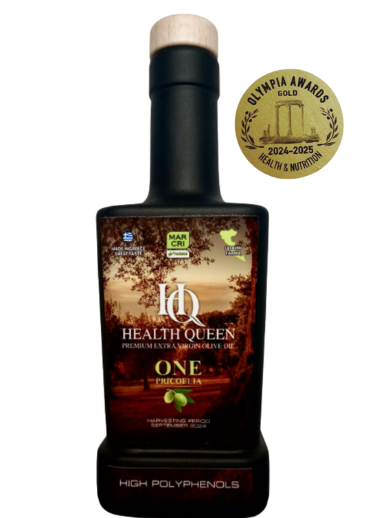Bottle of PRICOELIA Corfiot high polyphenol extra virgin olive oil from The Greek Deli Club, featuring a dark glass container on a white background.