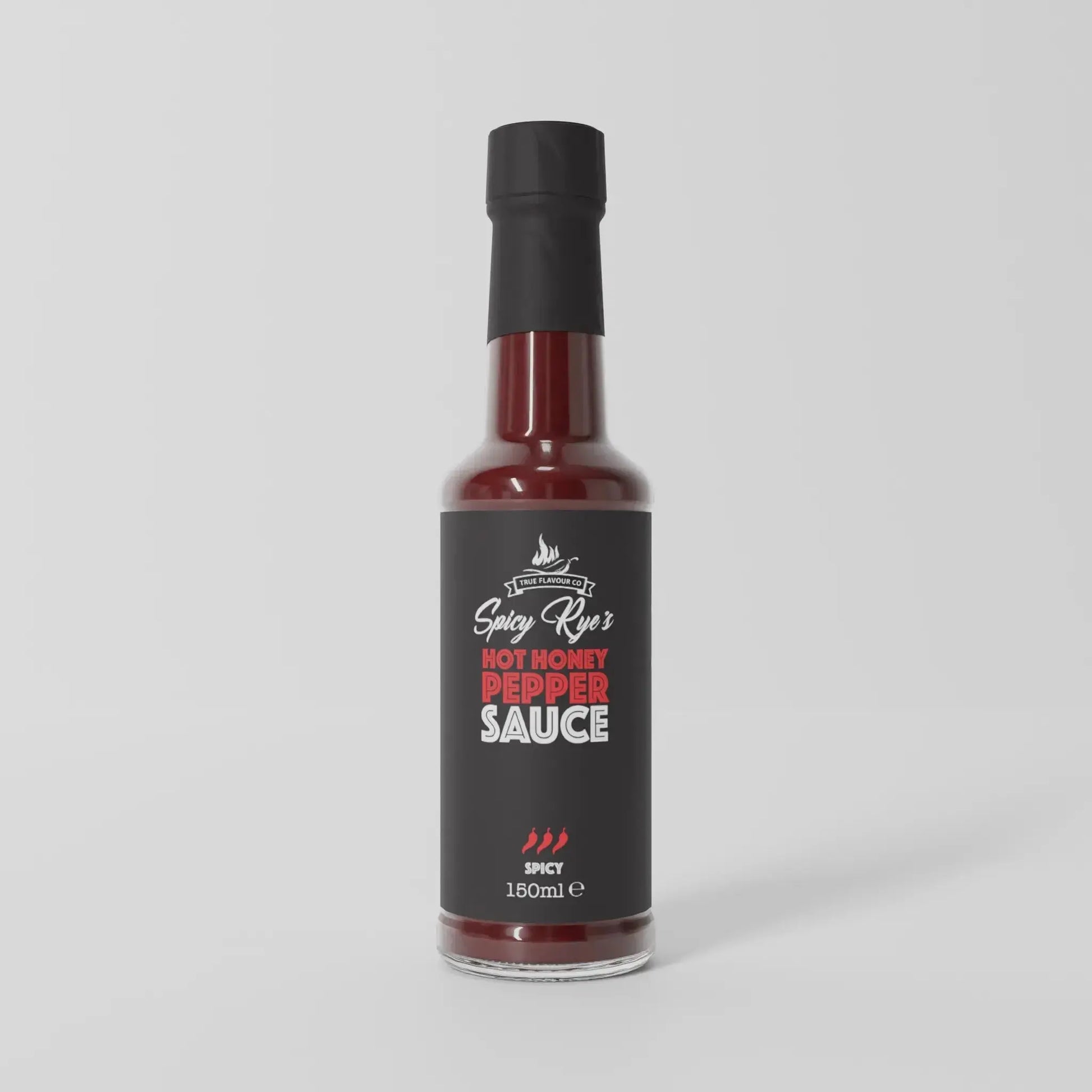 Spicy Ryes Hot Honey Pepper Sauce bottle with spicy red peppers and honey, showcasing the hot sauce's vibrant label and rich texture.
