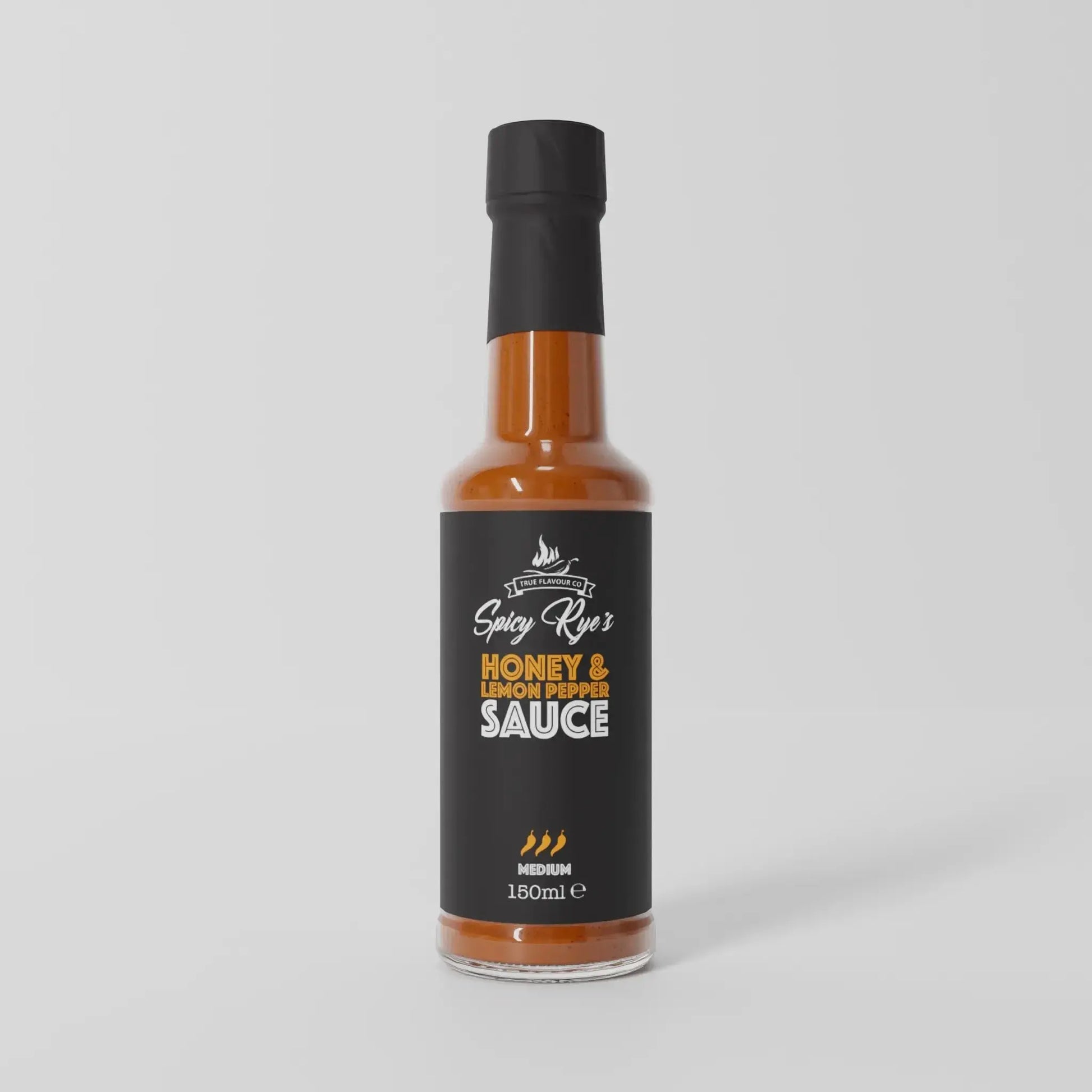 Spicy Ryes Honey & Lemon Pepper Hot Sauce bottle with vibrant label, showcasing the flavorful sauce in a clear glass bottle.