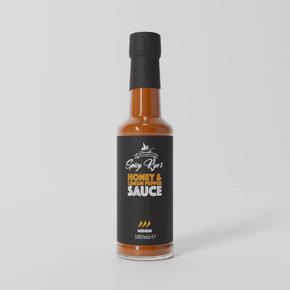 Spicy Ryes Honey & Lemon Pepper Hot Sauce bottle with vibrant label, showcasing the flavorful sauce in a clear glass bottle.
