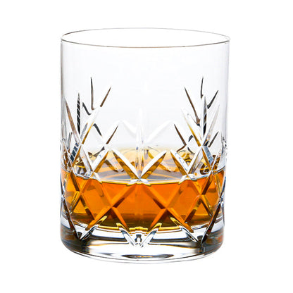 Set of six Flamenco Crystalite full cut whisky tumblers by Glassware UK, 320ml each, showcasing clear, elegant glassware.