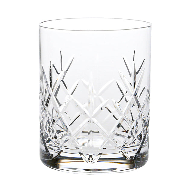 Set of six Flamenco Crystalite whisky tumblers with a full cut design, 320ml capacity, made by Glassware UK.