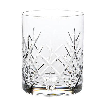 Set of six Flamenco Crystalite whisky tumblers with a full cut design, 320ml capacity, made by Glassware UK.