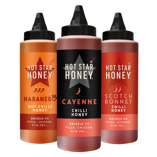 Hot Star Honey Chilli Honey set with three jars of spicy, sweet honey in various flavors, displayed on a white background.