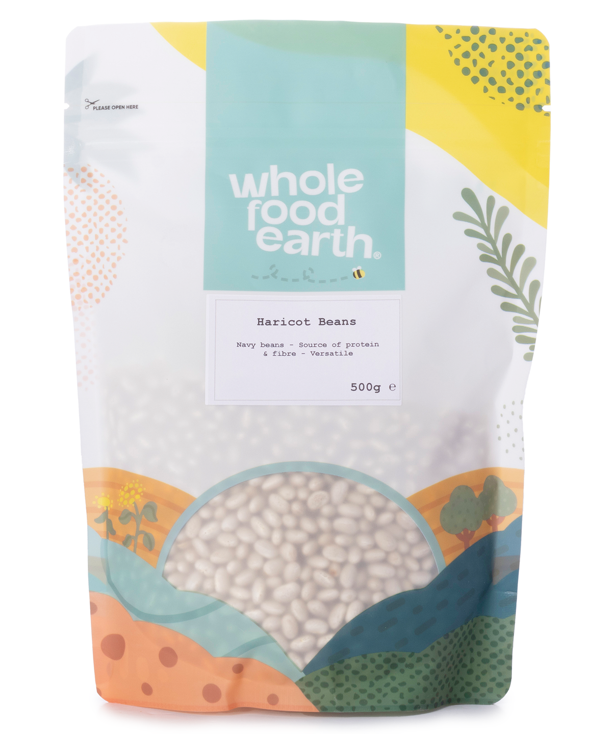 Whole Food Earth haricot beans in a 500g package, showing plump, dried beans suitable for soups and stews.