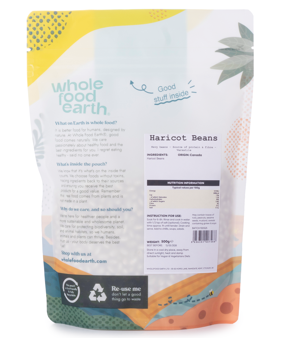 Whole Food Earth haricot beans in a 500g package, showcasing fresh, dried beans from the Beans & Pulses category.
