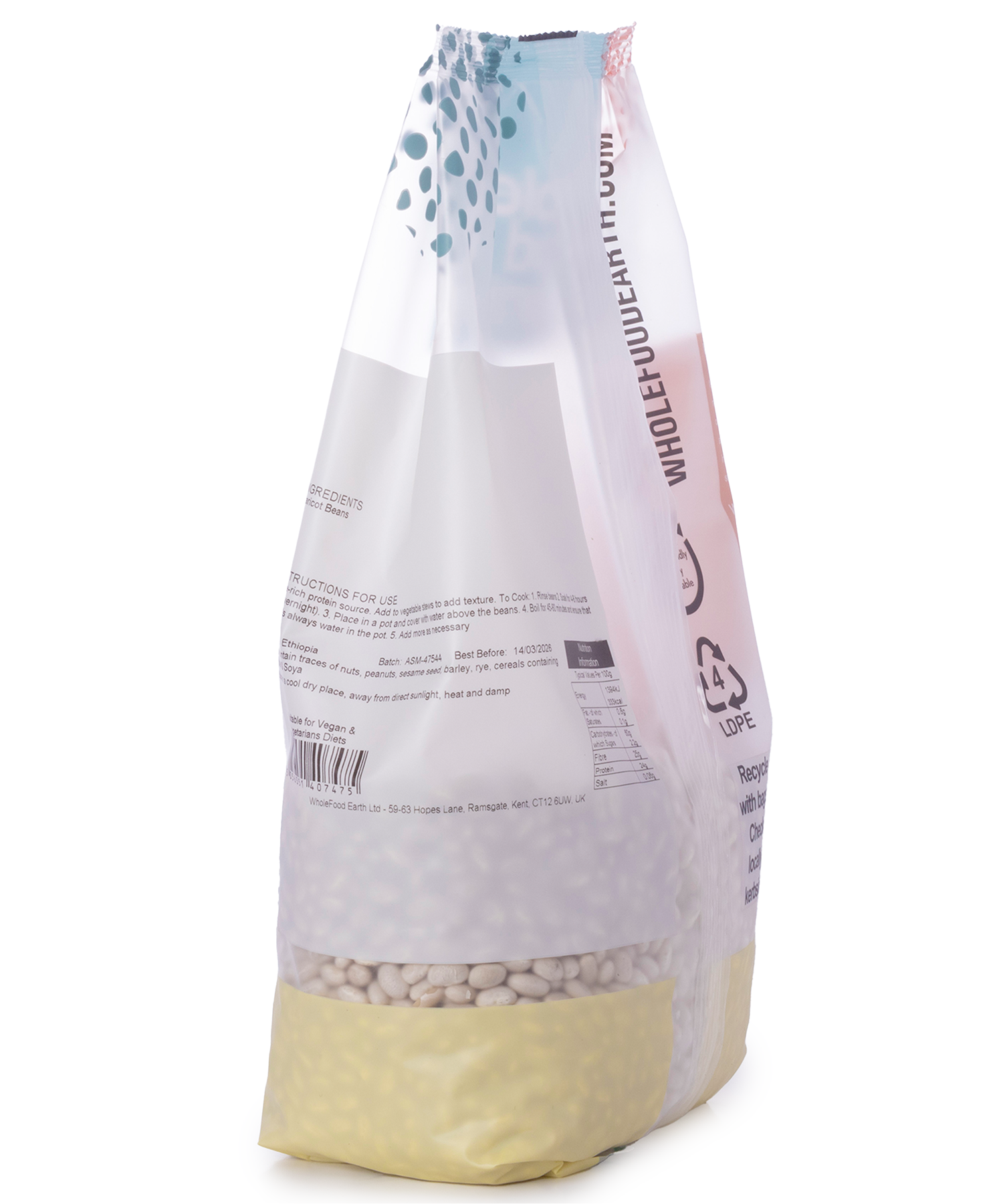 Whole Food Earth 1kg pack of fresh haricot beans, a type of beans and pulses, shown in a clear image.