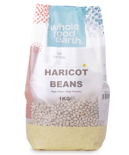 Whole Food Earth haricot beans in a 1kg bag, showing clean, dried beans ideal for cooking and healthy meals.