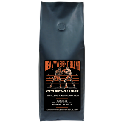 Dark roast heavyweight blend coffee by Clubhouse Roastery, 500g bag with rich, bold coffee beans visible in the image.