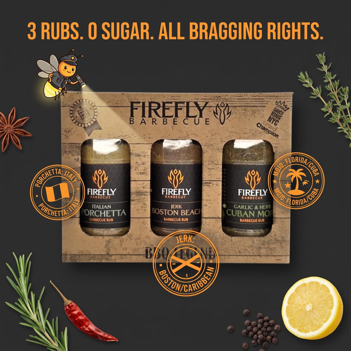 FireFly Barbecue Herby BBQ Rubs Gift Pack featuring three flavorful herb-infused barbecue rubs in a gift box.
