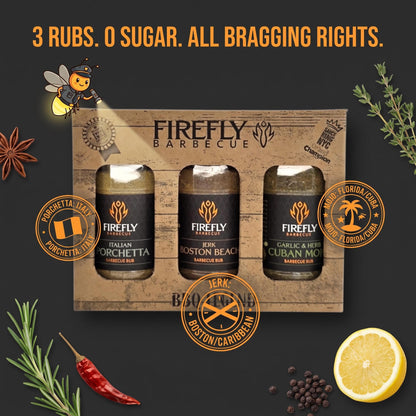 FireFly Barbecue Herby BBQ Rubs Gift Pack featuring three flavorful herb-infused barbecue rubs in a gift box.