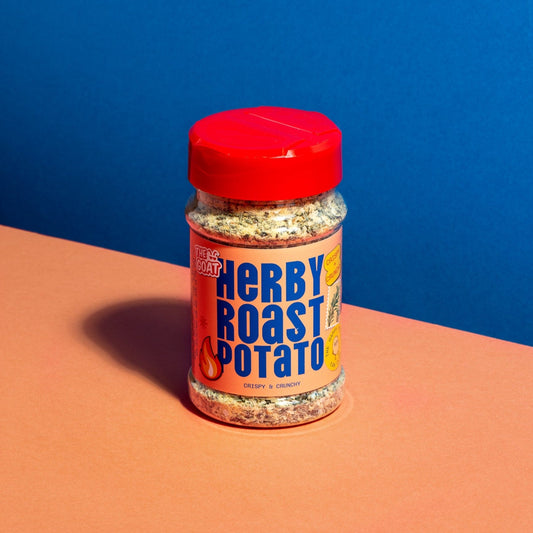 Herby Roast Potato Seasoning in a 200g shaker jar from The GOAT Seasoning Blends, featuring herbal seasoning for roasting potatoes.