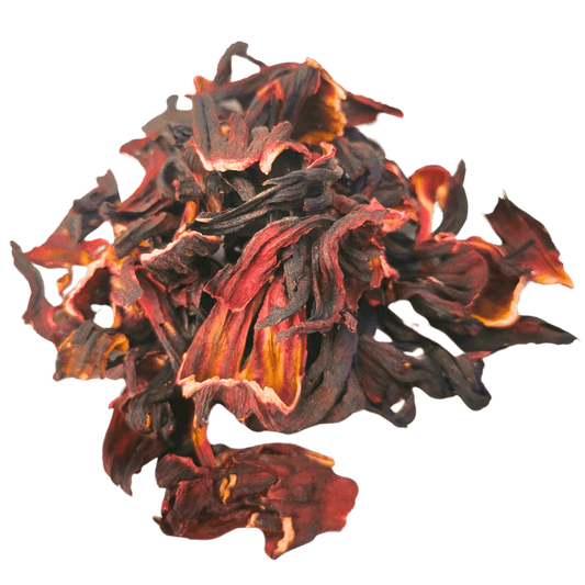 Organic hibiscus herbal tea from Porter Hill Tea Company, featuring vibrant dried hibiscus flowers in a clear container.