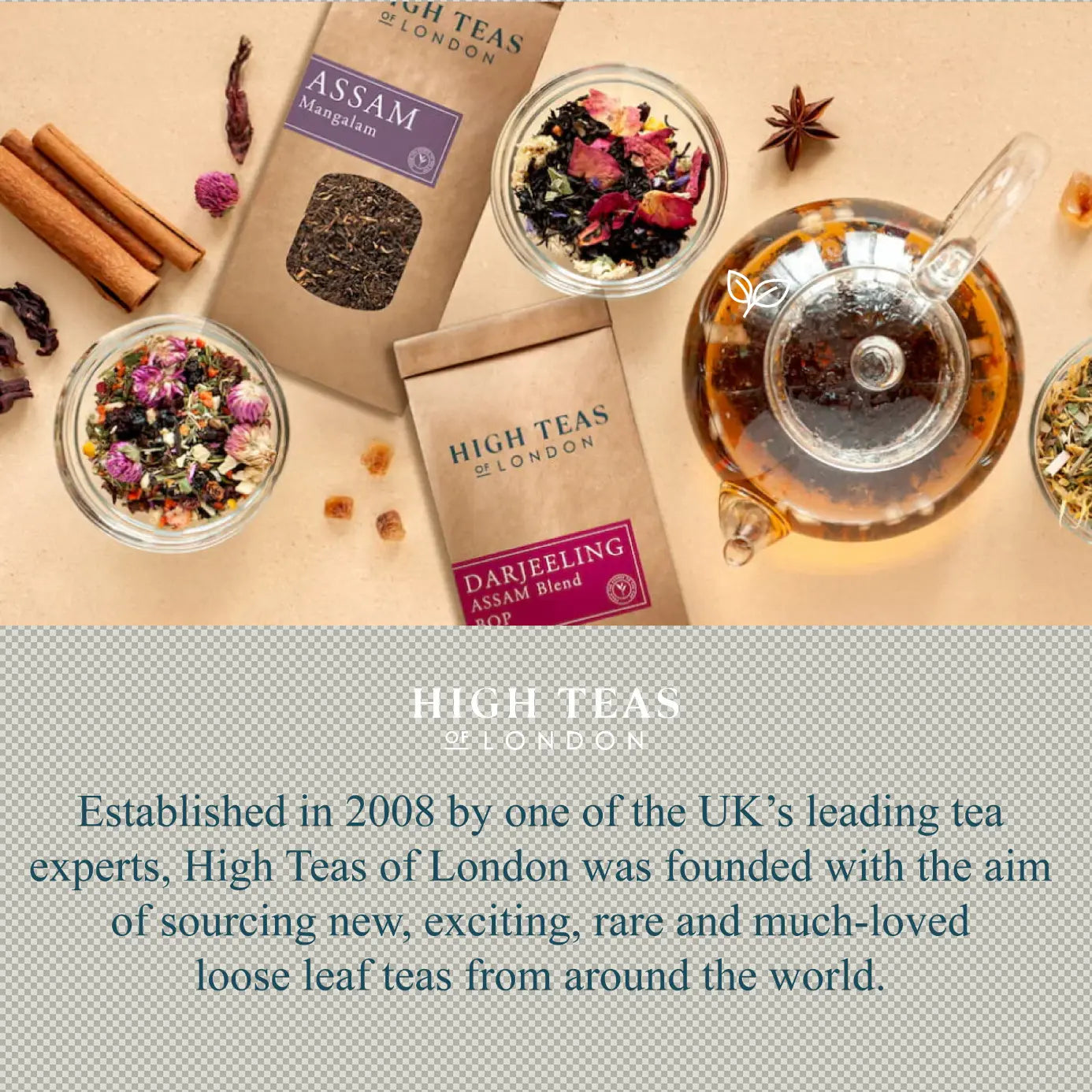 Loose leaf Prince of Wales tea by High Teas displayed in a clear glass teapot with dried tea leaves and fresh lemon slices.