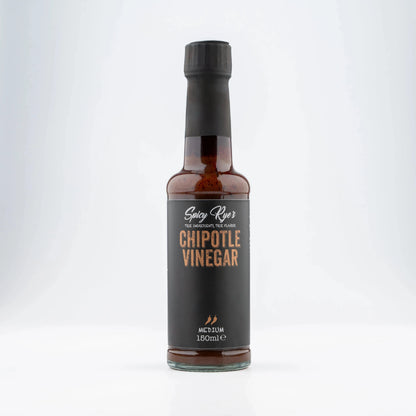 Spicy Ryes Chipotle Vinegar bottle with dark label and cap, close-up shot highlighting the product for culinary use.