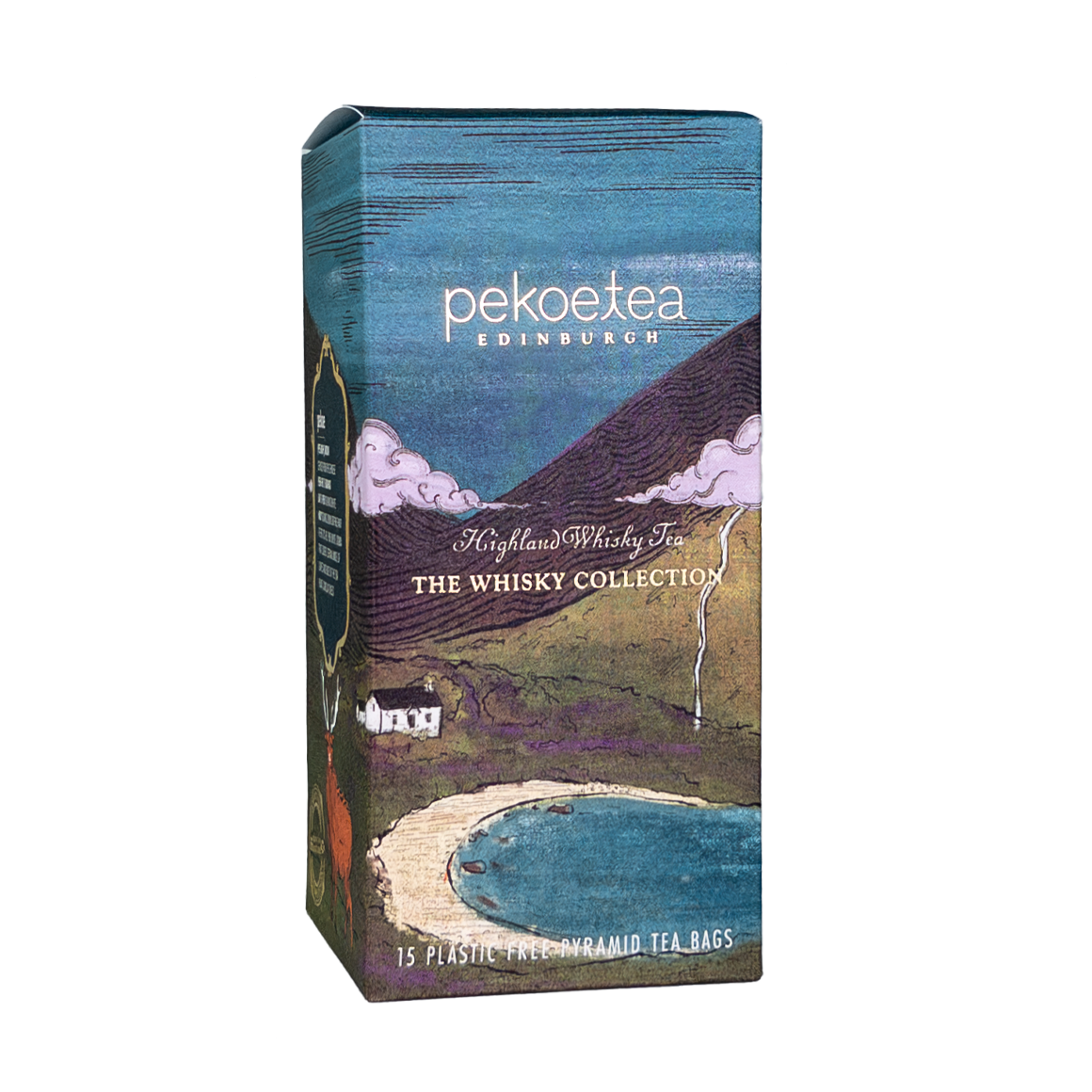 Box of PekoeTea Edinburgh Highland Blend Whisky Tea bags, featuring Scottish-inspired packaging with tea bags inside.