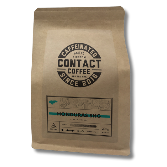Ground Single Origin Honduras SHG coffee from Contact Coffee Company Ltd., showcasing rich, aromatic coffee grounds in a bag.