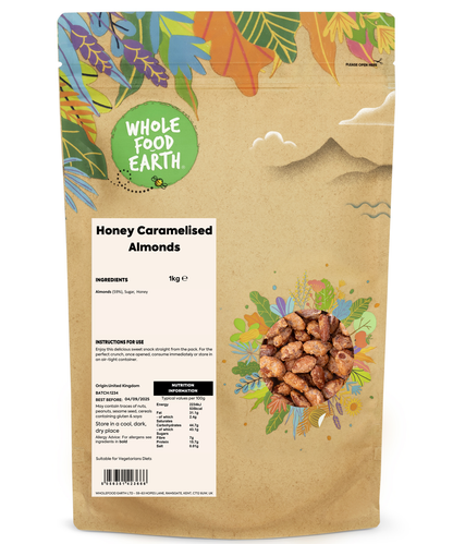 One kilogram of honey caramelized almonds from Whole Food Earth, showcasing shiny, golden-brown nuts coated in sweet honey glaze.