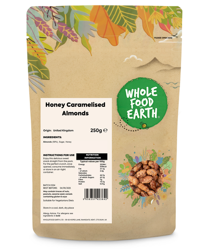 Sweet honey caramelized almonds from Whole Food Earth in a 250g package, showcasing glossy, golden-brown nuts.