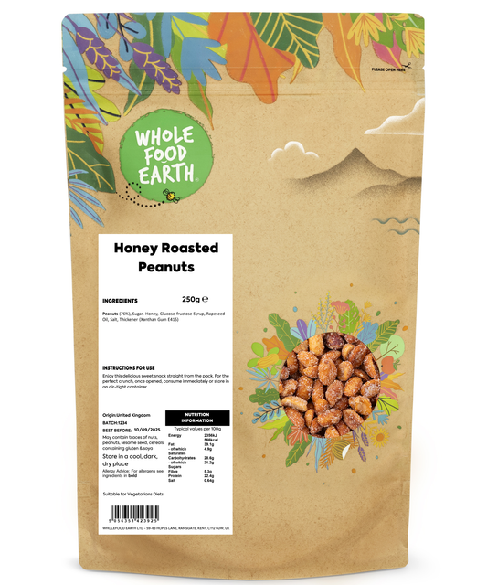 Honey roasted peanuts in a 250g pack from Whole Food Earth, showing shiny, golden-brown coated nuts in a clear view.