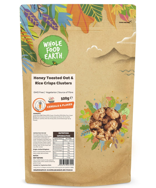 Honey toasted oat and rice crisps clusters by Whole Food Earth, showing golden, crunchy nut and seed snack clusters in a bowl.