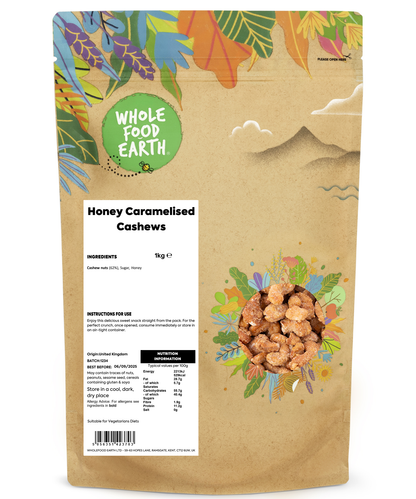 Golden honey caramelized cashews from Whole Food Earth, 1kg bag, showing glossy, crunchy nuts coated in sweet honey caramel.