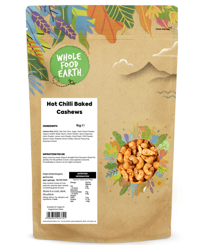 Bowl of hot chili baked cashews from Whole Food Earth, crunchy nuts with spicy chili coating, 1kg bag.