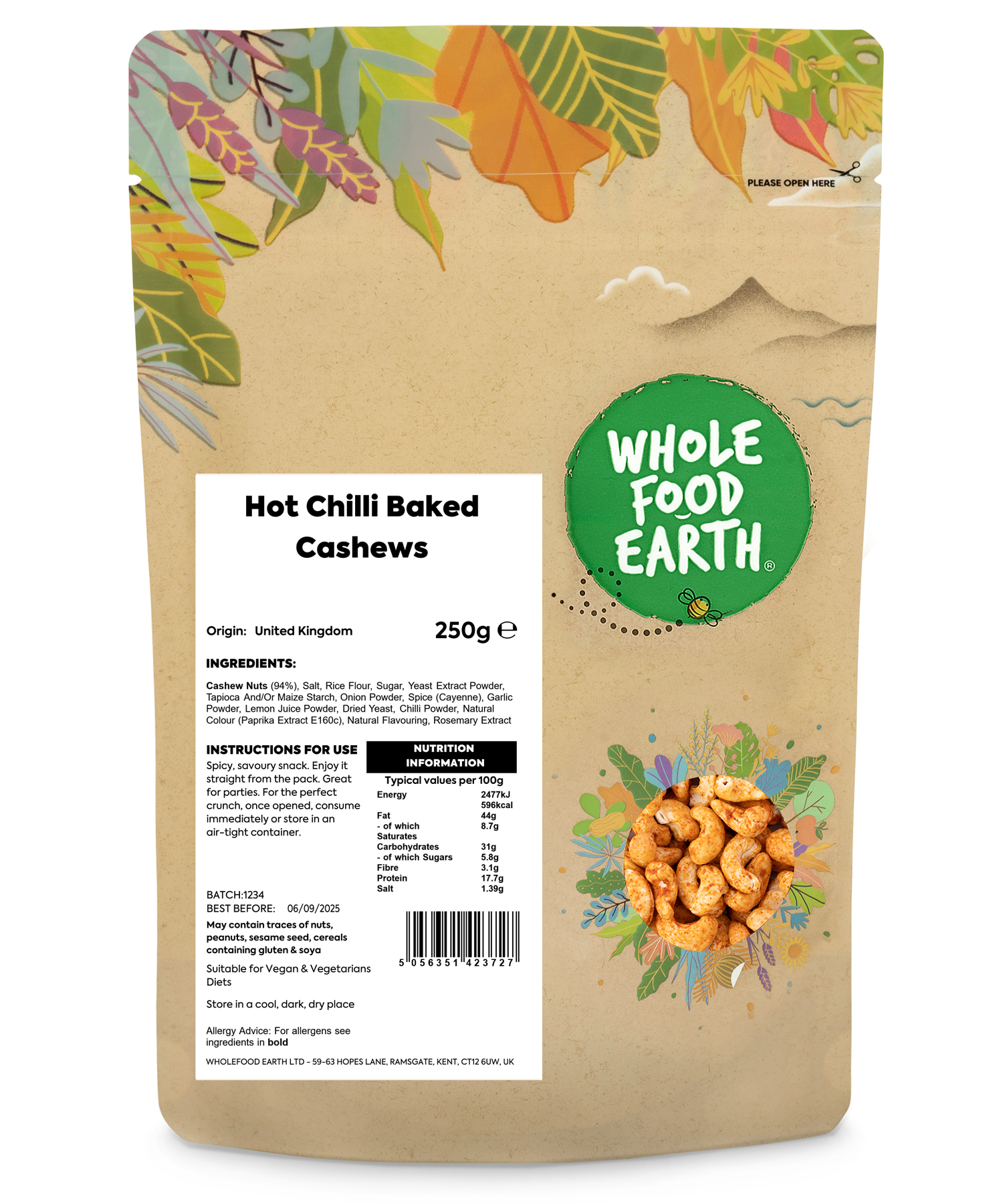 Spicy hot chili baked cashews from Whole Food Earth in a 250g package, showcasing roasted nuts with chili seasoning.