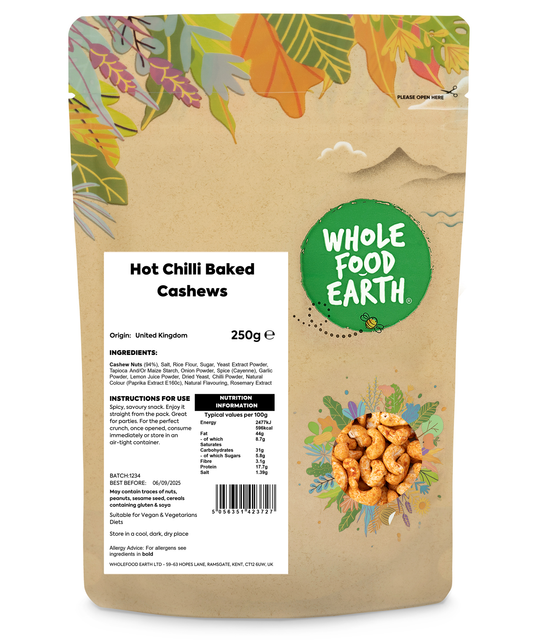 Spicy hot chili baked cashews from Whole Food Earth in a 250g package, showcasing roasted nuts with chili seasoning.