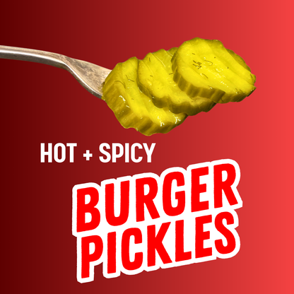 Hot and spicy organic burger pickles by PICKLEBITS, crinkle-cut pickled cucumber slices in a jar.