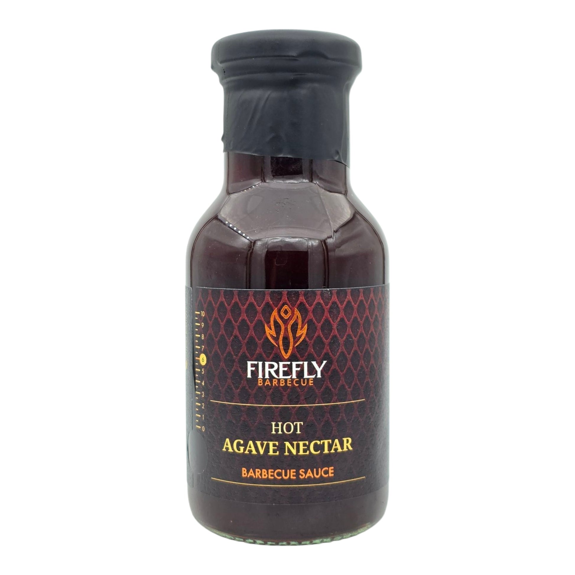 Bottle of FireFly Barbecue Hot Agave Nectar BBQ sauce with a reddish-orange color and label, ready for grilling or dipping.