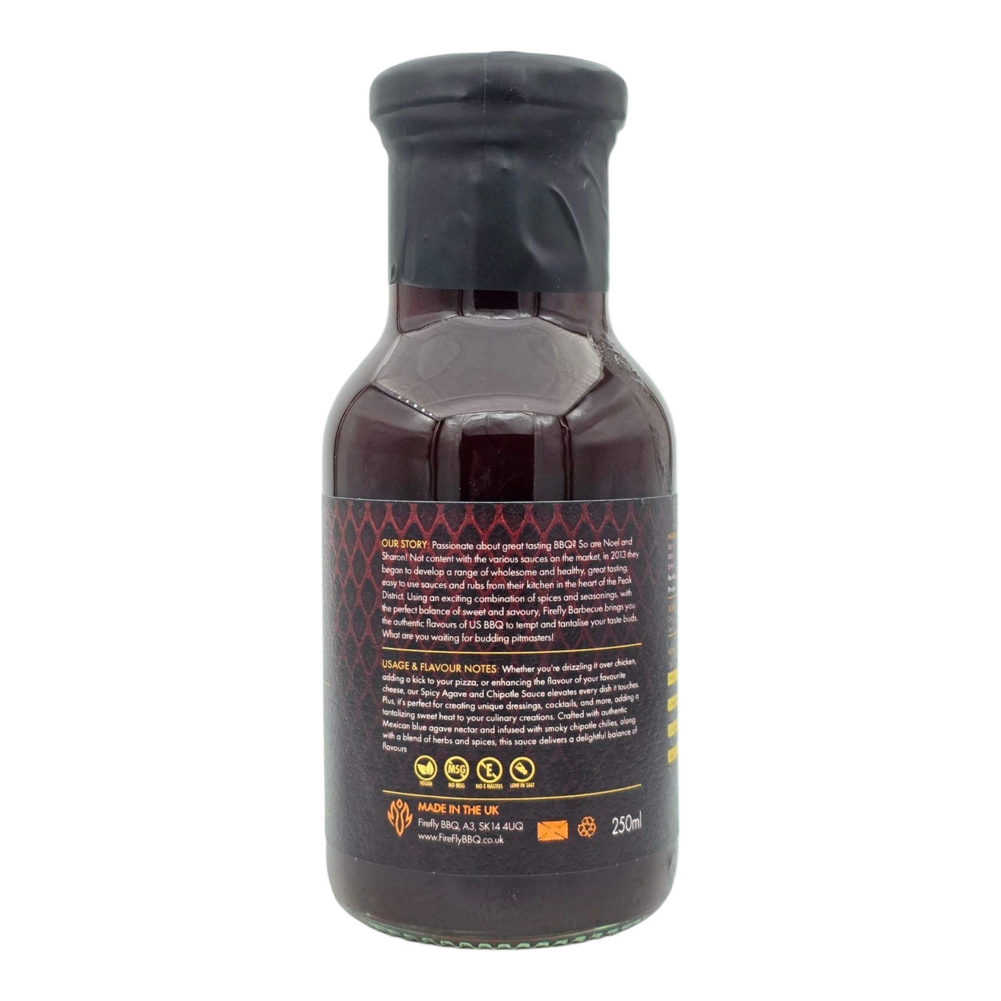 FireFly Barbecue hot agave nectar bottle, a spicy sweet BBQ sauce with rich amber color and smooth texture.