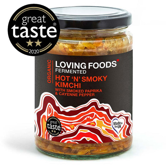 Organic Loving Foods Kimchi with hot and smoky flavors in a jar, showcasing vibrant fermented vegetables and spices