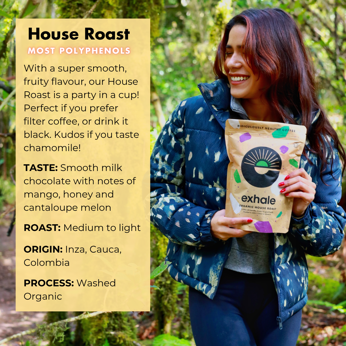 Organic house roast coffee from Exhale Healthy Coffee featuring a freshly brewed cup with rich, aromatic beans on a rustic table.