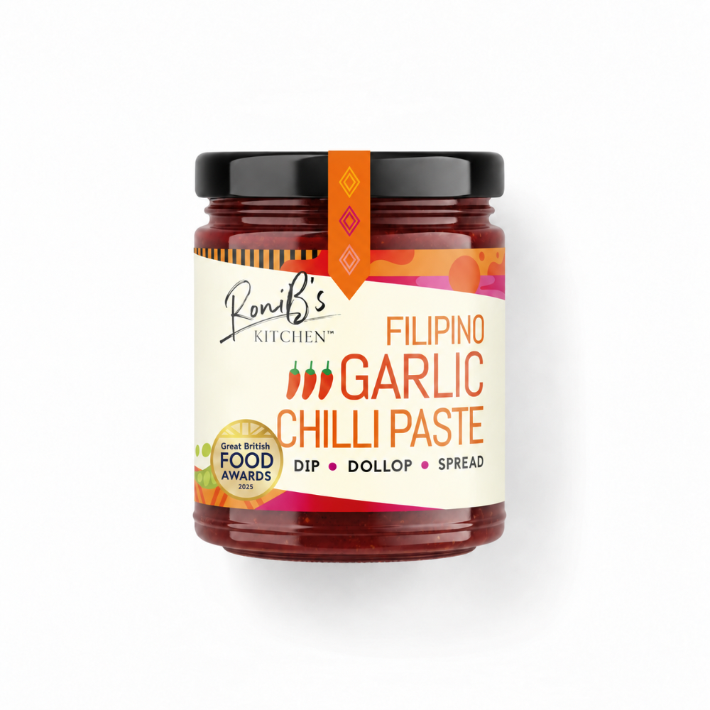 Vegan Filipino garlic chili paste with Scotch Bonnets in a jar, showcasing medium heat hot sauce from RoniBs Kitchen.