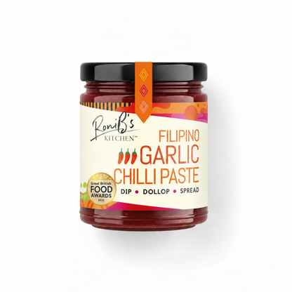 Vegan Filipino garlic chili paste with Scotch Bonnets in a jar, showcasing medium heat hot sauce from RoniBs Kitchen.