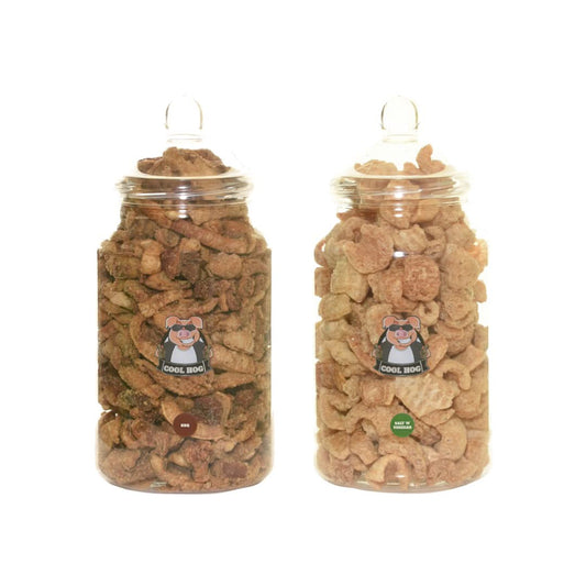 Assorted pork snack bundle featuring various types of jerky and chips from Cool Hog Snacks in a colorful display.