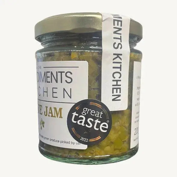 Jar of The Condiments Kitchen Olive Jam, a 195g chutney with visible olives and rich texture in a glass jar.