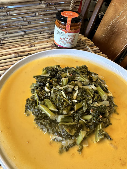 RoniBs Kitchen Filipino garlic chilli paste hot sauce with Scotch Bonnets, medium heat, vegan, showing bright red chili and garlic ingredients