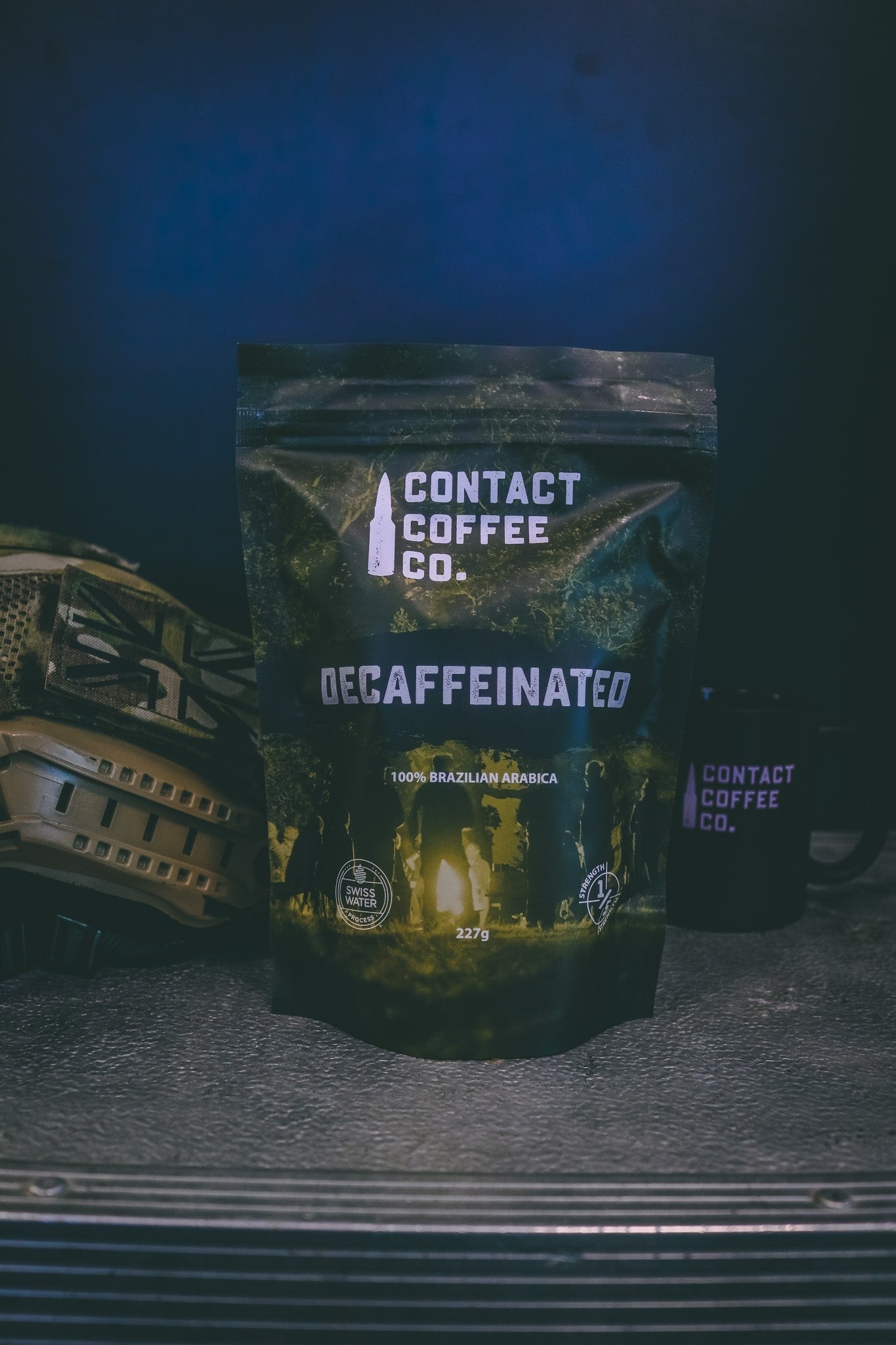 Decaffeinated coffee from Contact Coffee Company Ltd., showing a brewed coffee cup with rich dark coffee and a saucer.