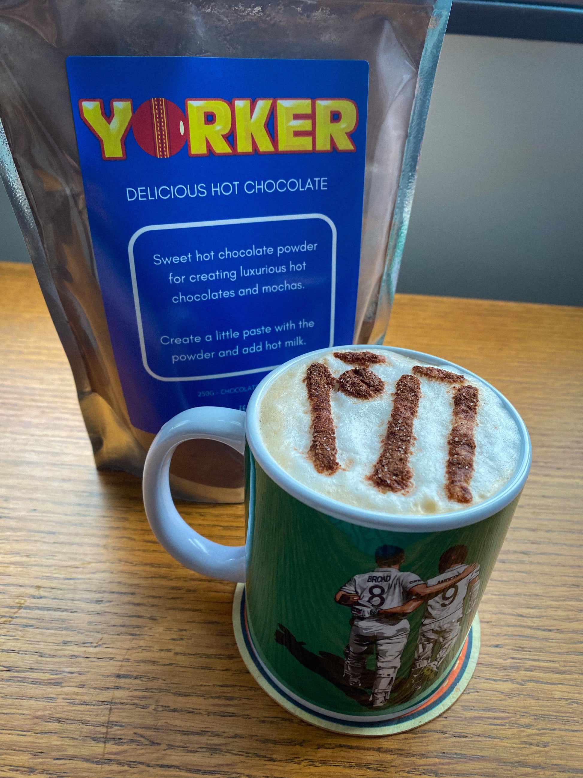 Clubhouse Roastery Yorker Hot Chocolate tea in a cup with a spoon, showcasing rich, warm hot chocolate tea beverage.